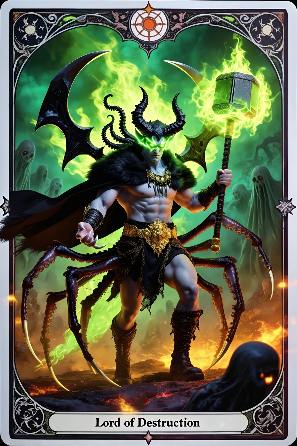 This is a tarot card that tells the story of Baal,  the Lord of Destruction of Hell,  preparing for battle in dark purgato...