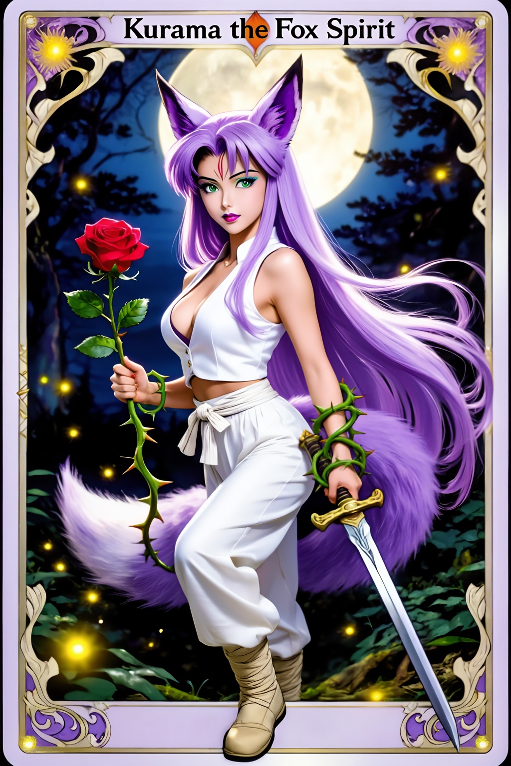 Top quality. Inspiration: Vines,  Yu Yu Hakusho,  Kurama the Fox Spirit. This is a Tarot card depicting a powerful and bea...