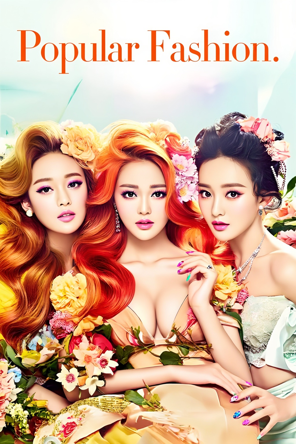 Top quality. Inspiration: Cover design. Cover: Three long-haired girls,  gazing at the camera with deep eyes,  adorned wit...