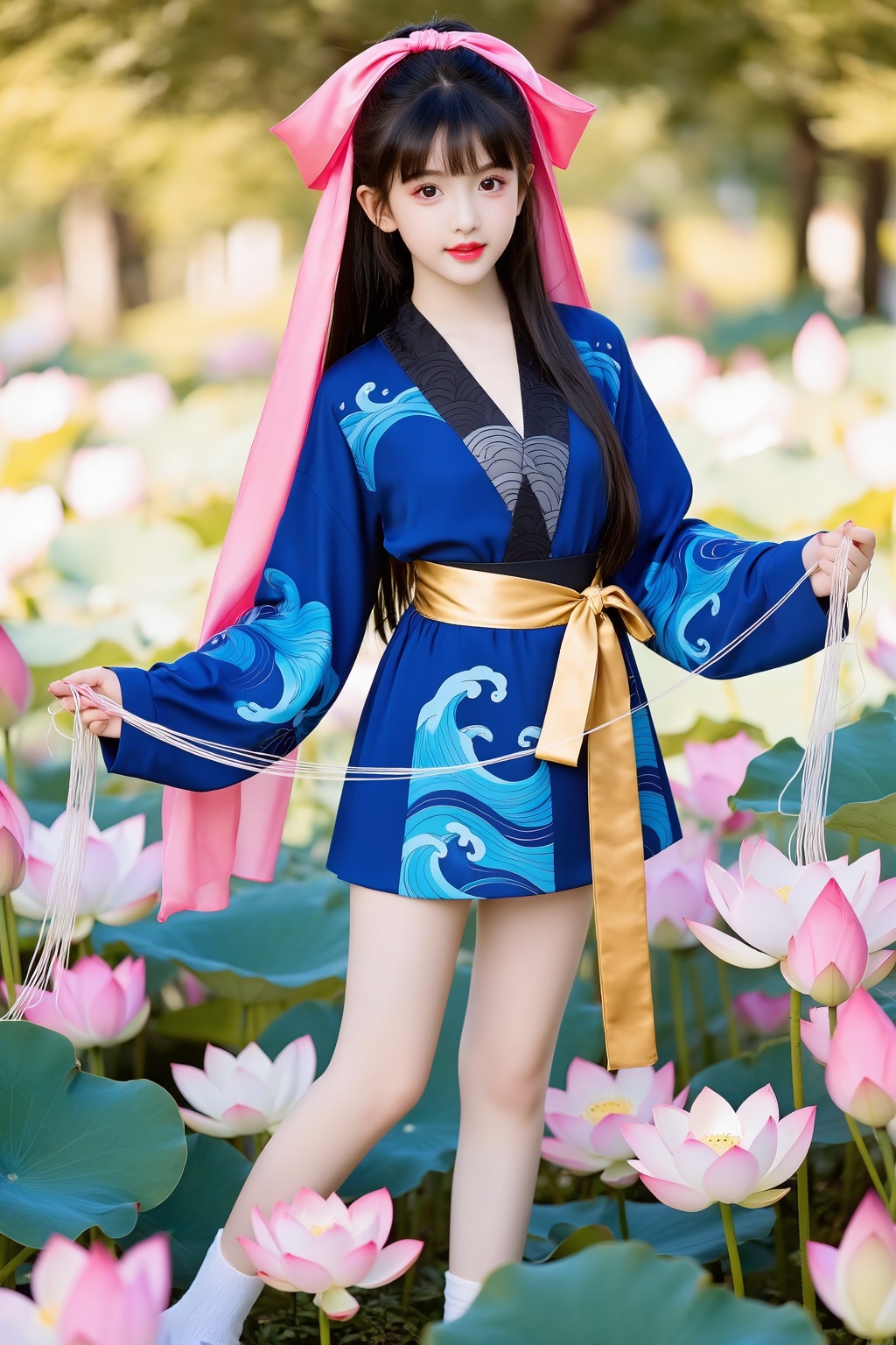 A pink silk scarf adorns her fingertips,  and she wears a dark blue long-sleeved Hanfu decorated with light blue wave patt...