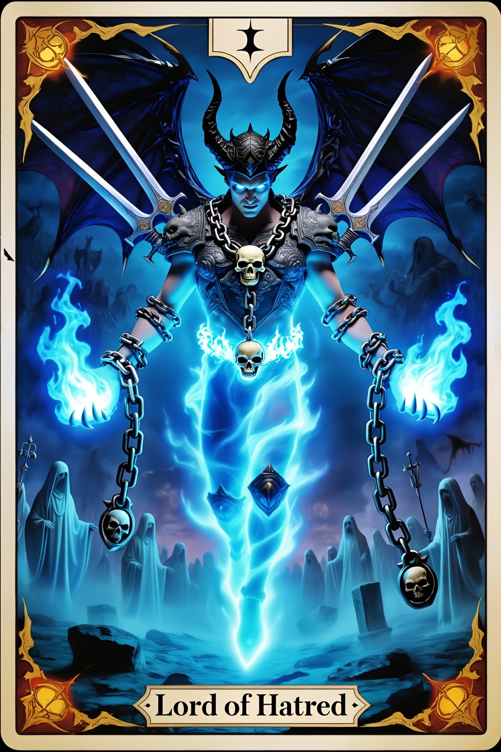 This is a tarot card that tells the story of Mephisto,  the Lord of Hatred in Hell,  preparing to fight in the dark purgat...