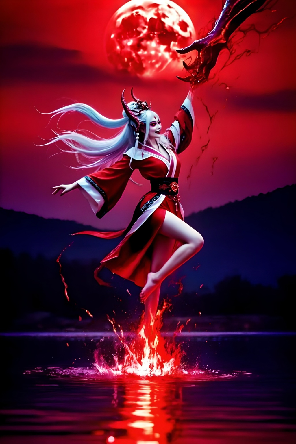 Top quality. Inspiration: Lake,  Blood Moon,  Demonic Hand. Image: Close-up: A blood-red sky on Tensor.Art
