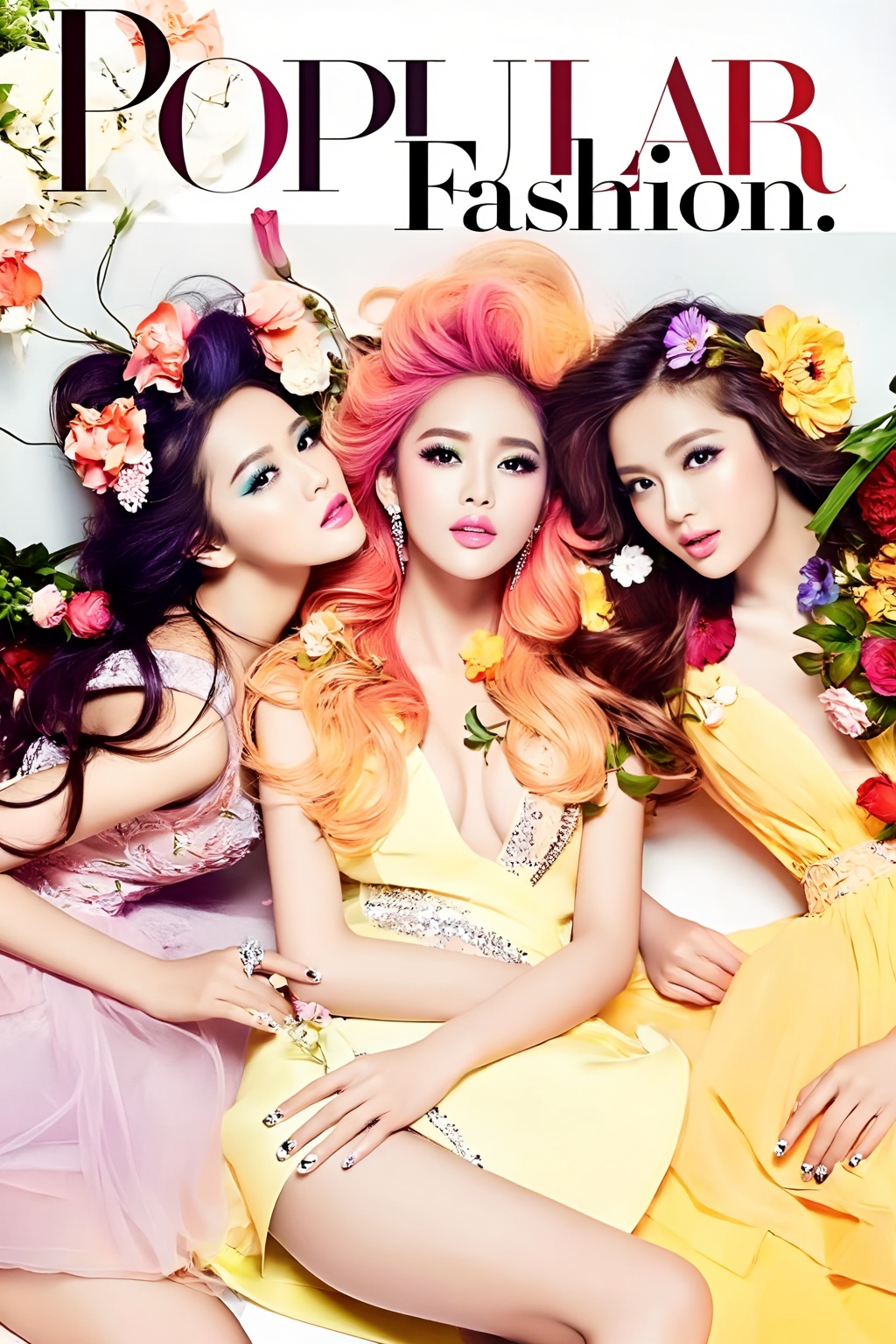 Top quality. Inspiration: Cover design. Cover: Three long-haired girls,  gazing at the camera with deep eyes,  adorned wit...