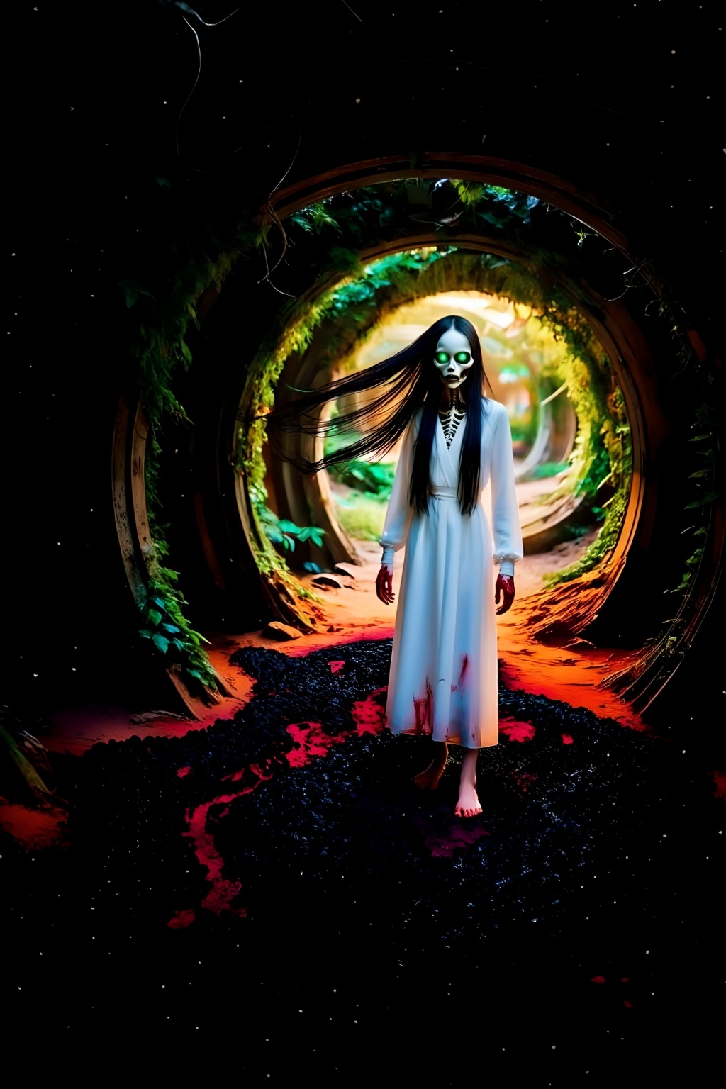 Top quality. Inspiration: Underground tunnel,  bloodied hands,  a girl in white. Visuals: Close-up: In a dark on Tensor.Art