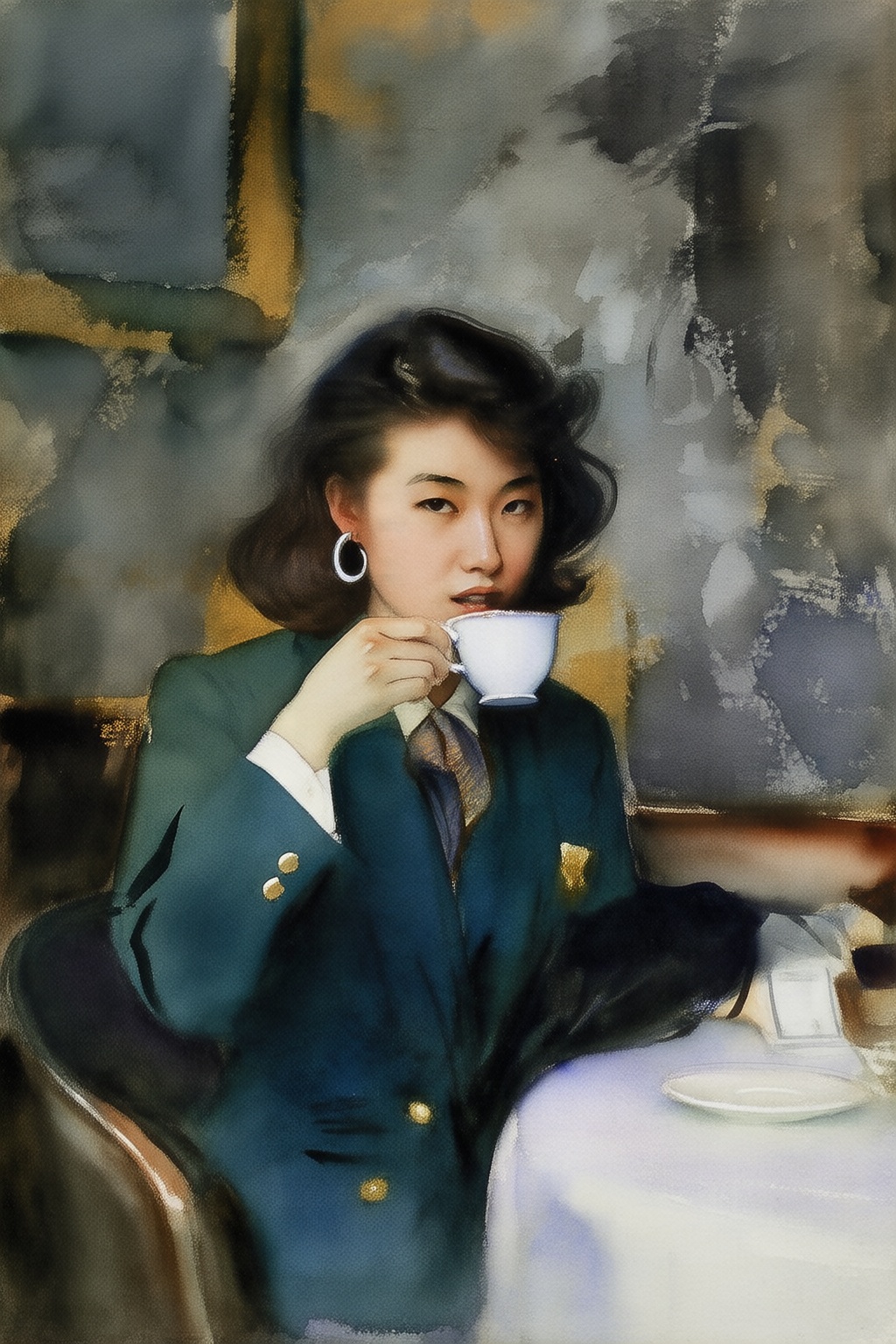 johnsingersargent12qw20 watercolor painting. A Young East Asian woman with shoulder-length,  wavy dark hair and silver hoo...