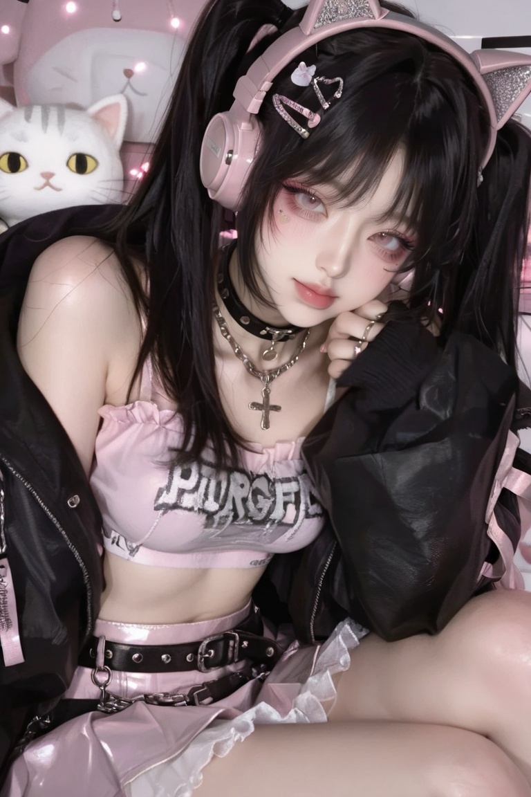 "girl,  A half-body view of a cute East Asian girl in a kawaii punk Harajuku fashion style,  wearing twin tails with black...