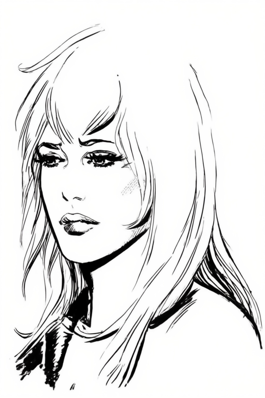 juanzanotto7z25 illustration. Black-and-white illustration. Close-up of a woman shown in 3/4 view,  with a pensive express...