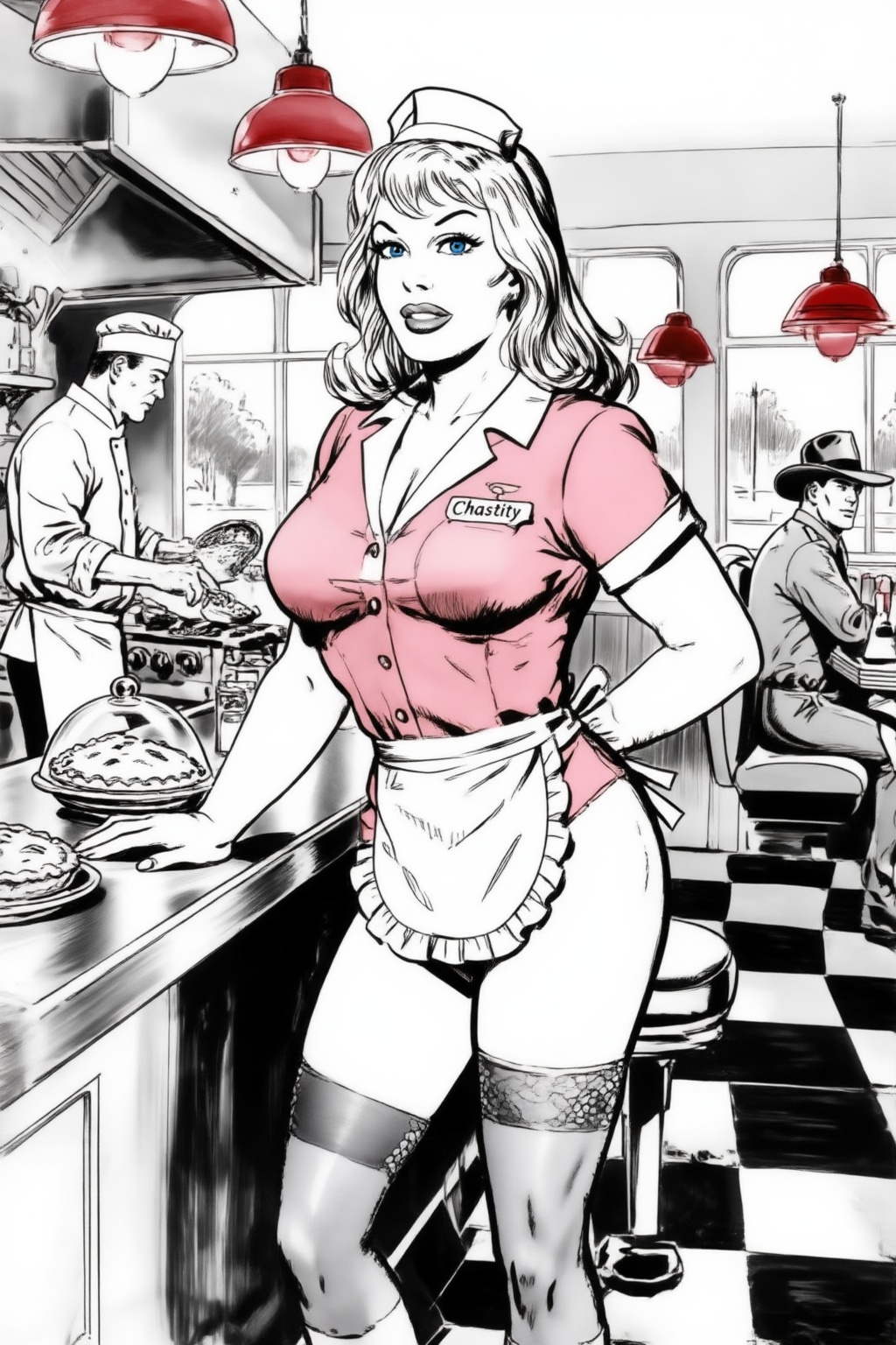 juanzanotto7z25 black-and-white illustration. In a bright retro diner,  a voluptuous blonde woman with wavy shoulder-lengt...