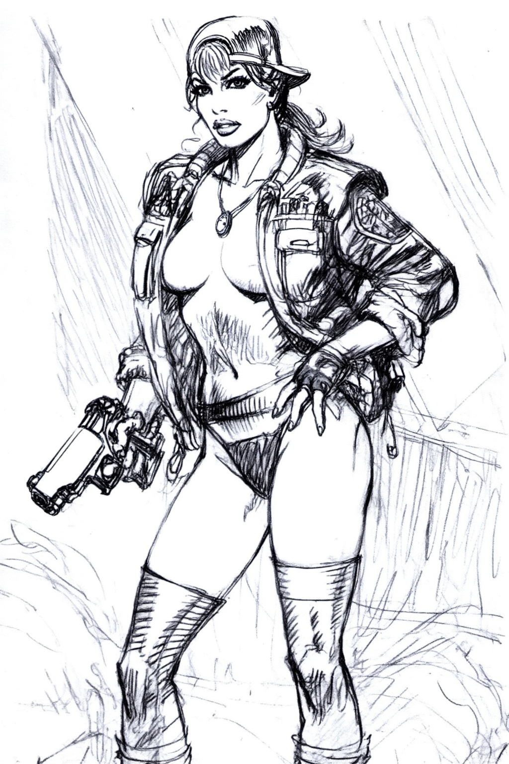 juanzanotto7z25. Black-and-white rough pencil sketch. A woman stands with a confident posture,  facing forward with her bo...