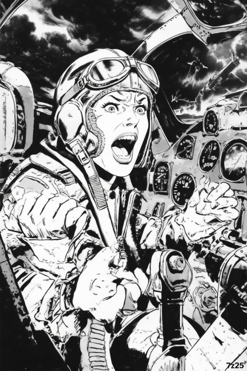 juanzanotto7z25 black-and-white illustration. A female pilot,  shown in 3/4 view,  screaming inside the cockpit of a World...
