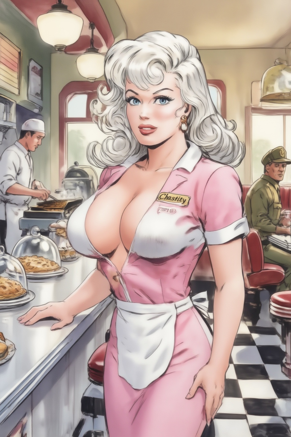 juanzanotto7z25 illustration. A waitress named Chastity,  with her name embroidered on a tag beside her ample bosom,  stan...