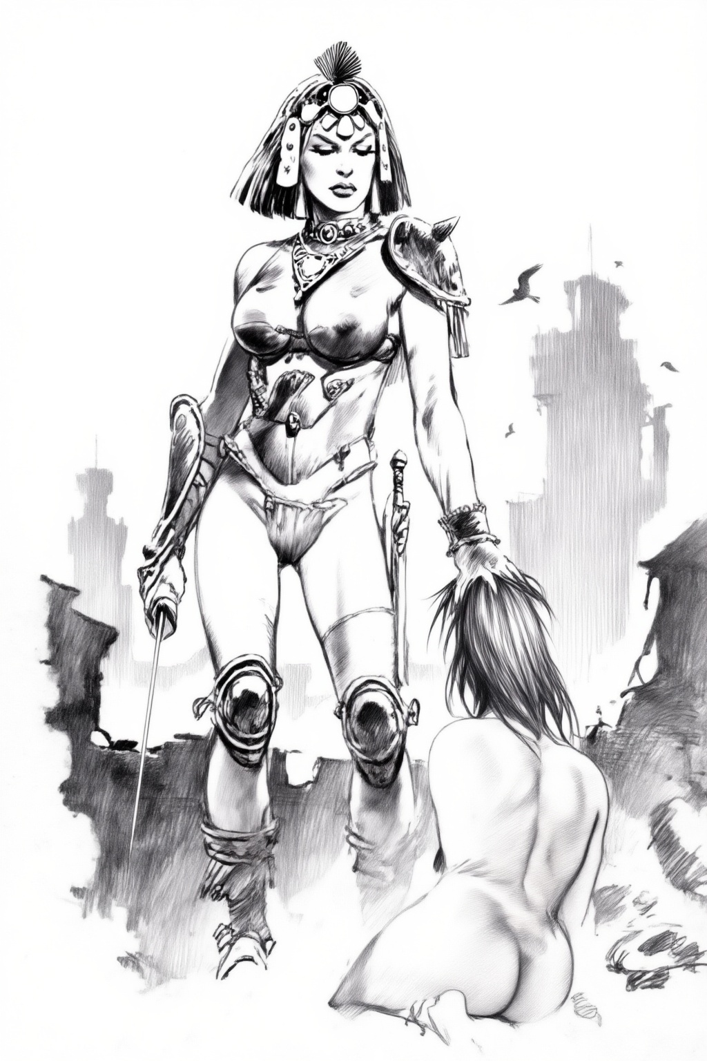 juanzanotto7z25. juanzanotto7z25. Black-and-white rough pencil sketch. A woman stands in a ruined landscape,  looking down...