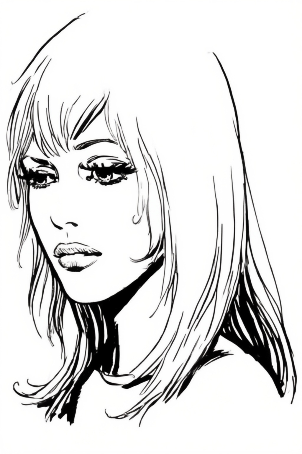 juanzanotto7z15 illustration. Black-and-white illustration. Close-up of a woman shown in 3/4 view,  with a pensive express...