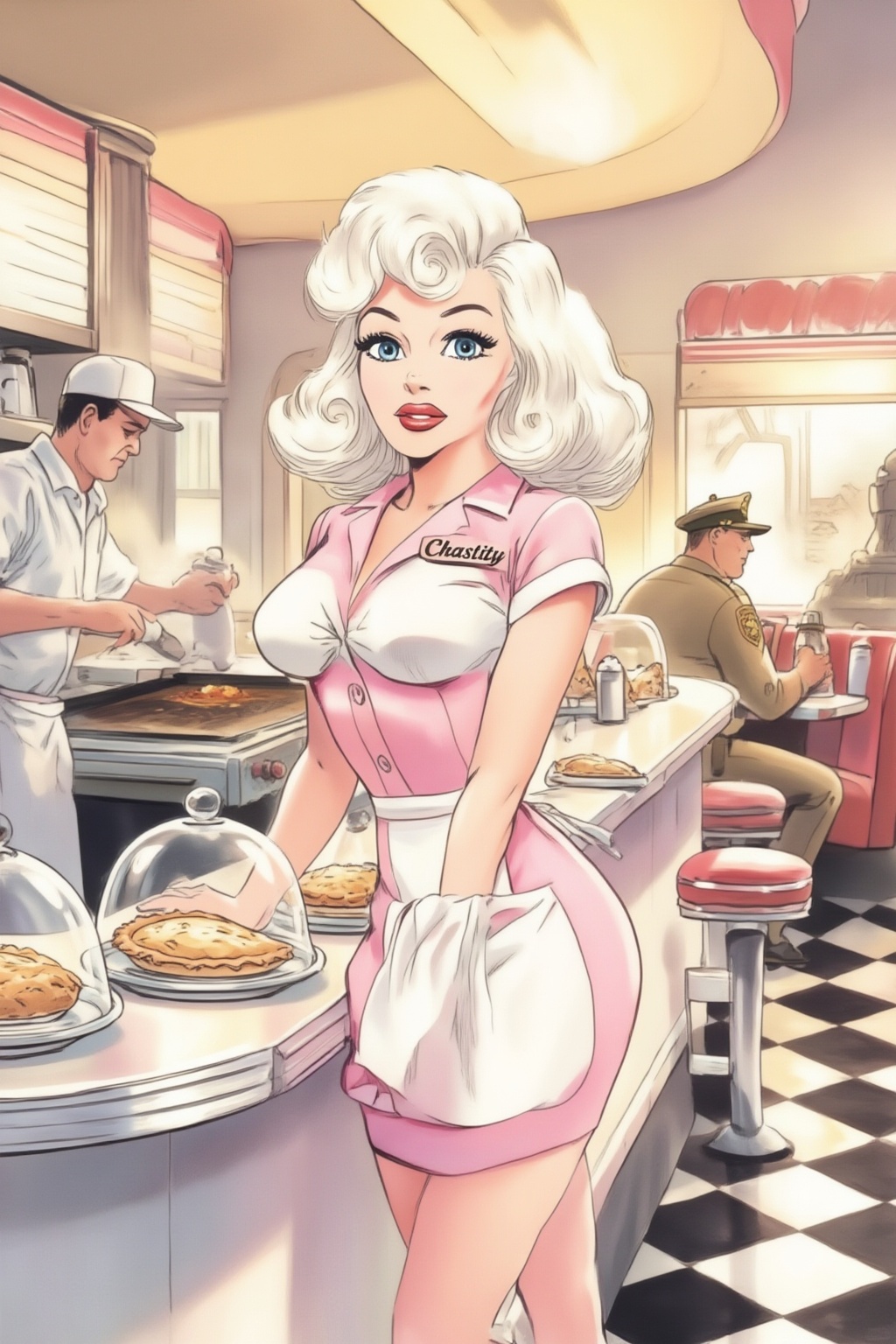 juanzanotto7z15 illustration. A waitress named Chastity,  with her name embroidered on a tag,  standing behind the formica...