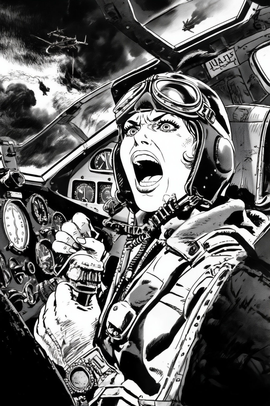 juanzanotto7z15 Black-and-white illustration. A female pilot,  shown in 3/4 view,  screaming inside the cockpit of a World...