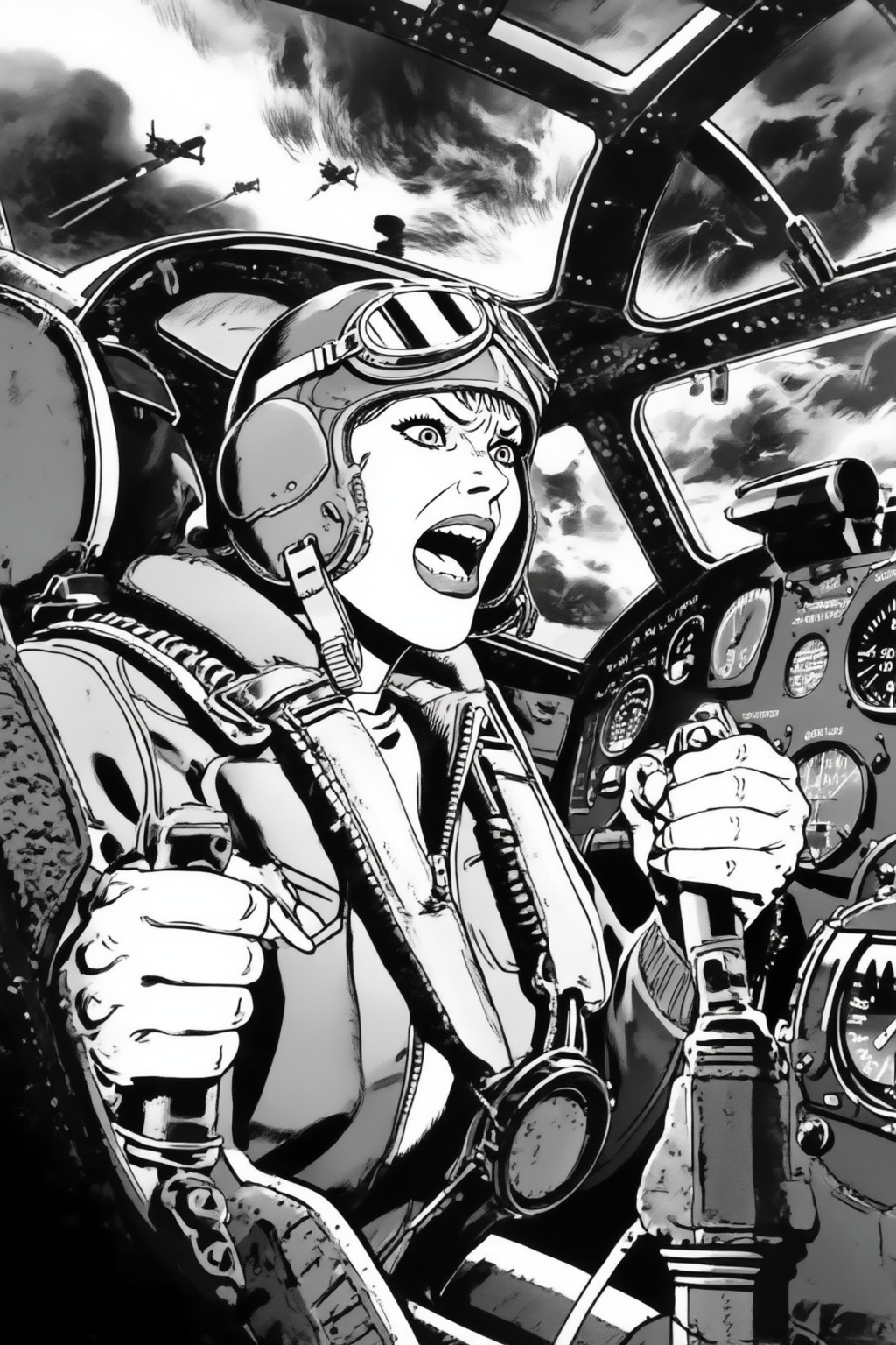 juanzanotto7z15 Black-and-white illustration. A female pilot,  shown in 3/4 view,  screaming inside the cockpit of a World...