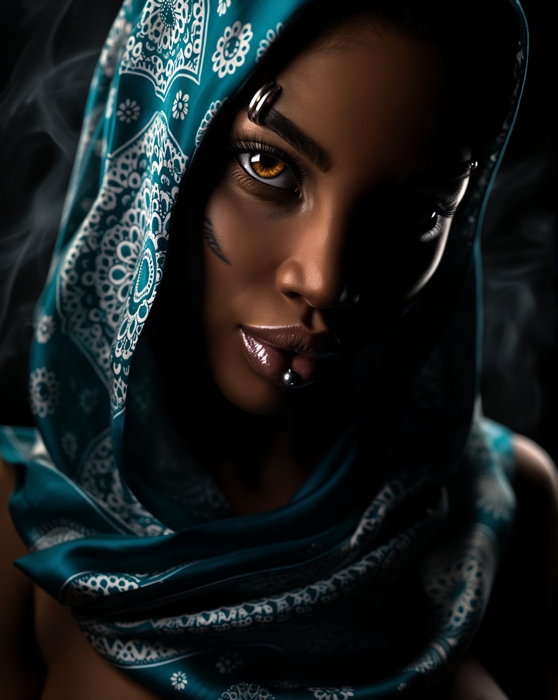 A close-up portrait of a woman with dark skin and an intense expression her head tilted slightly. She wears a teal and whi...
