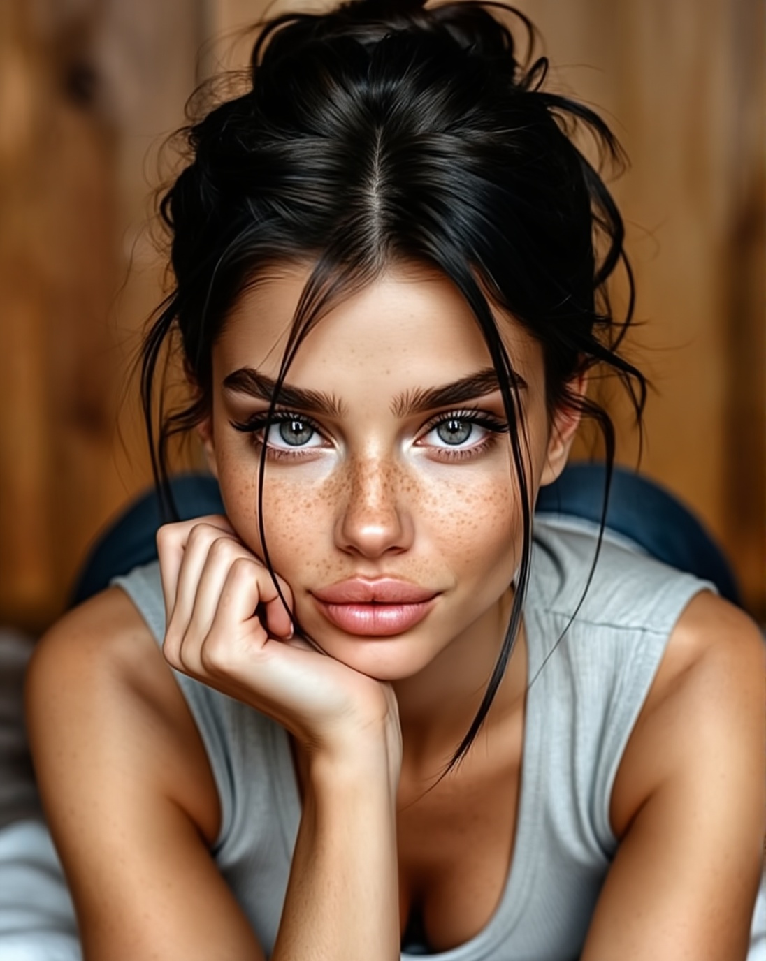 Cinematic,  photorealistic photograph,  beautiful 25yo russian woman with dark hair is lying with her chin resting on her...