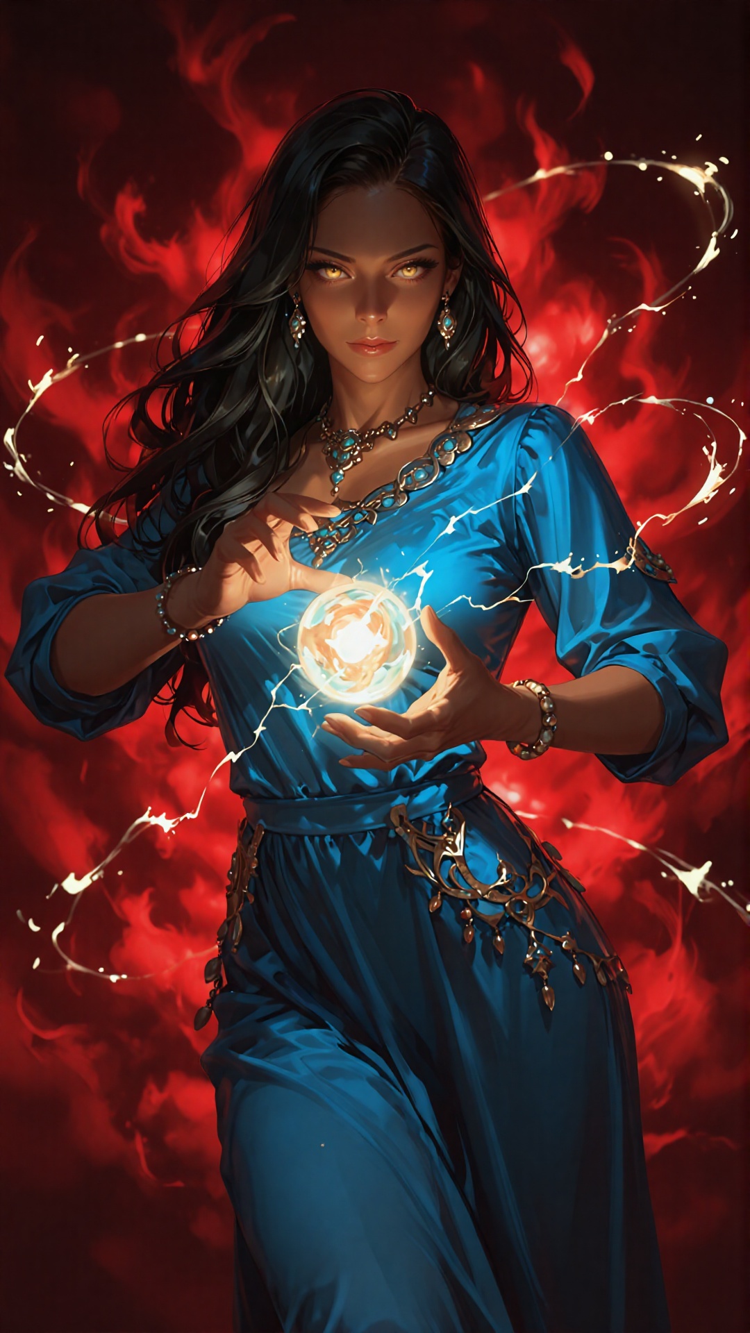 a striking woman with long,  flowing black hair stands against a fiery red backdrop,  exuding an aura of mystical power by...