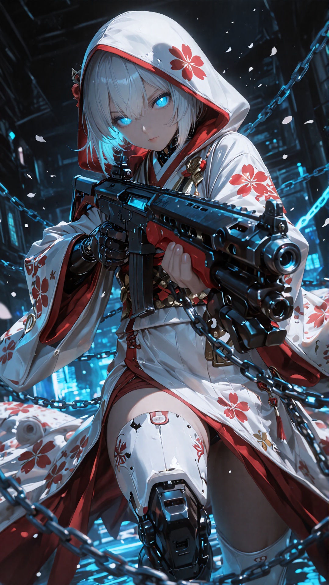 the image features a striking anime-style character with pale silver hair and glowing blue eyes,  wearing a traditional ye...