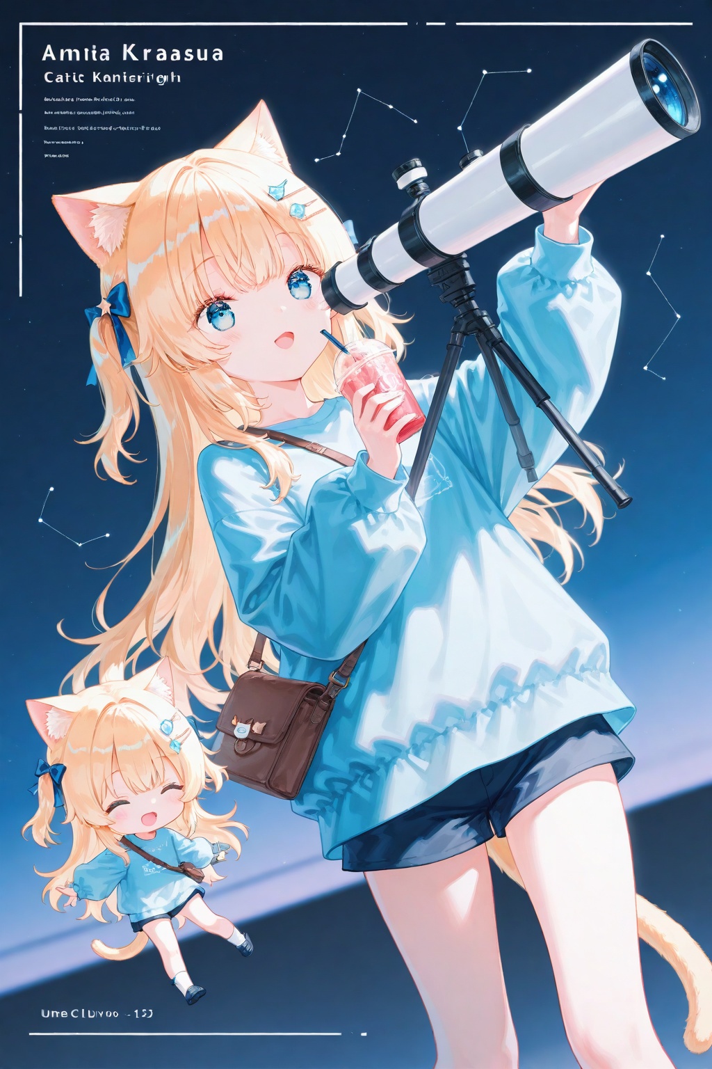 masterpiece,very aware,highres,absurdres,newest,best quality,petite,high quality,chromatic_aberration,cinematic_angle,dutch angle,child,petite,//:sho_(sho_lwlw),,umehara,konya karasue,hiten \(hitenkei\),// 1girl, long hair, smile, open mouth, bangs, blue eyes, blonde hair, shirt, hair ornament, long sleeves, bow, holding, animal ears, tail, closed eyes, hair bow, shoes, shorts, socks, puffy sleeves, virtual youtuber, cat ears, bag, chibi, star \(symbol\), english text, two side up, cat tail, animal ear fluff, multiple views, blue bow, blue shirt, cat girl, puffy long sleeves, drinking straw, constellation, telescope
