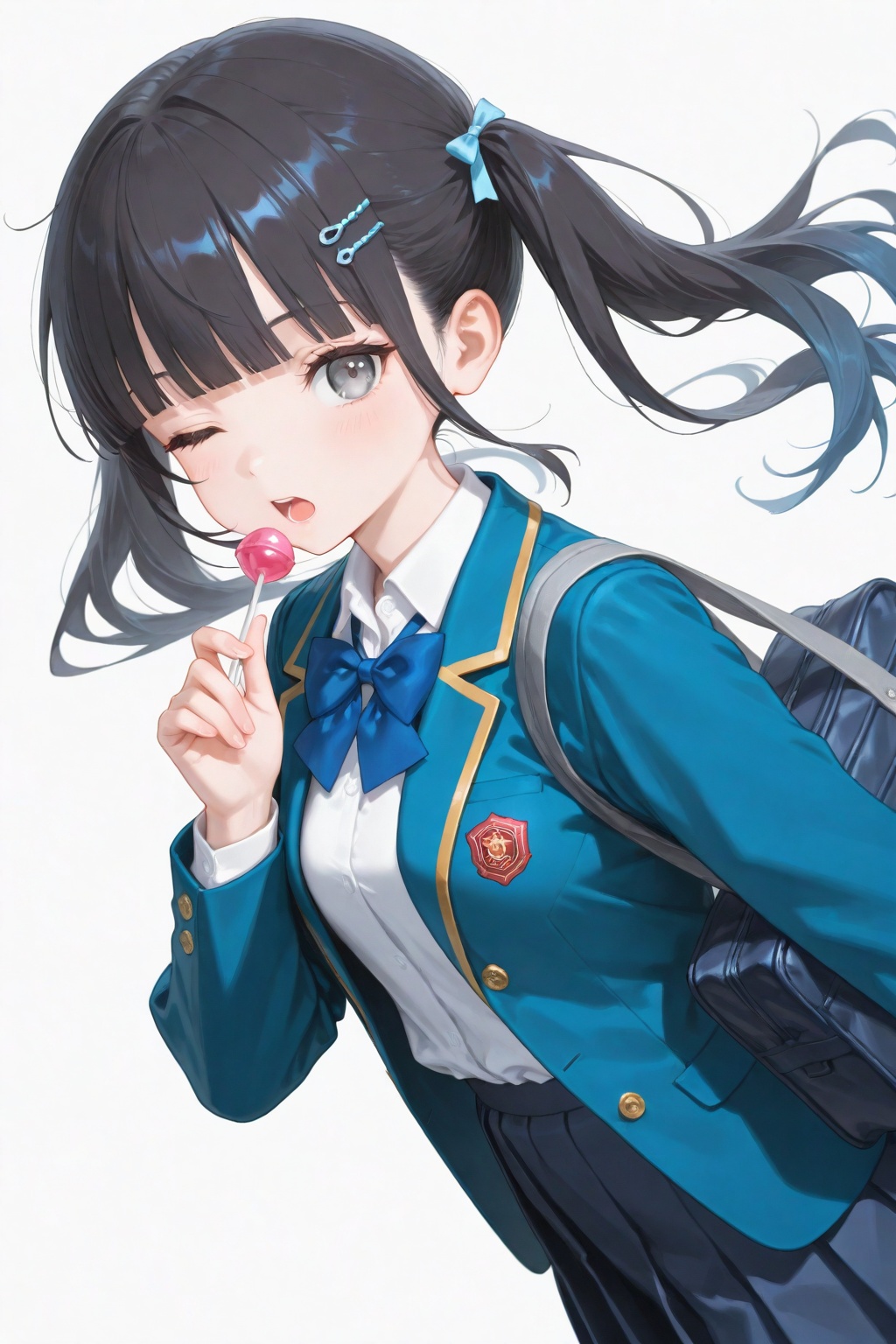 1girl, solo, long hair, open mouth, bangs, skirt, simple background, shirt, black hair, hair ornament, long sleeves, white background, bow, ribbon, holding, twintails, school uniform, jacket, white shirt, pleated skirt, one eye closed, food, hairclip, collared shirt, blunt bangs, bowtie, bag, blue skirt, grey eyes, blue bow, blue jacket, candy, school bag, lollipop, blue bowtie, shirt tucked in