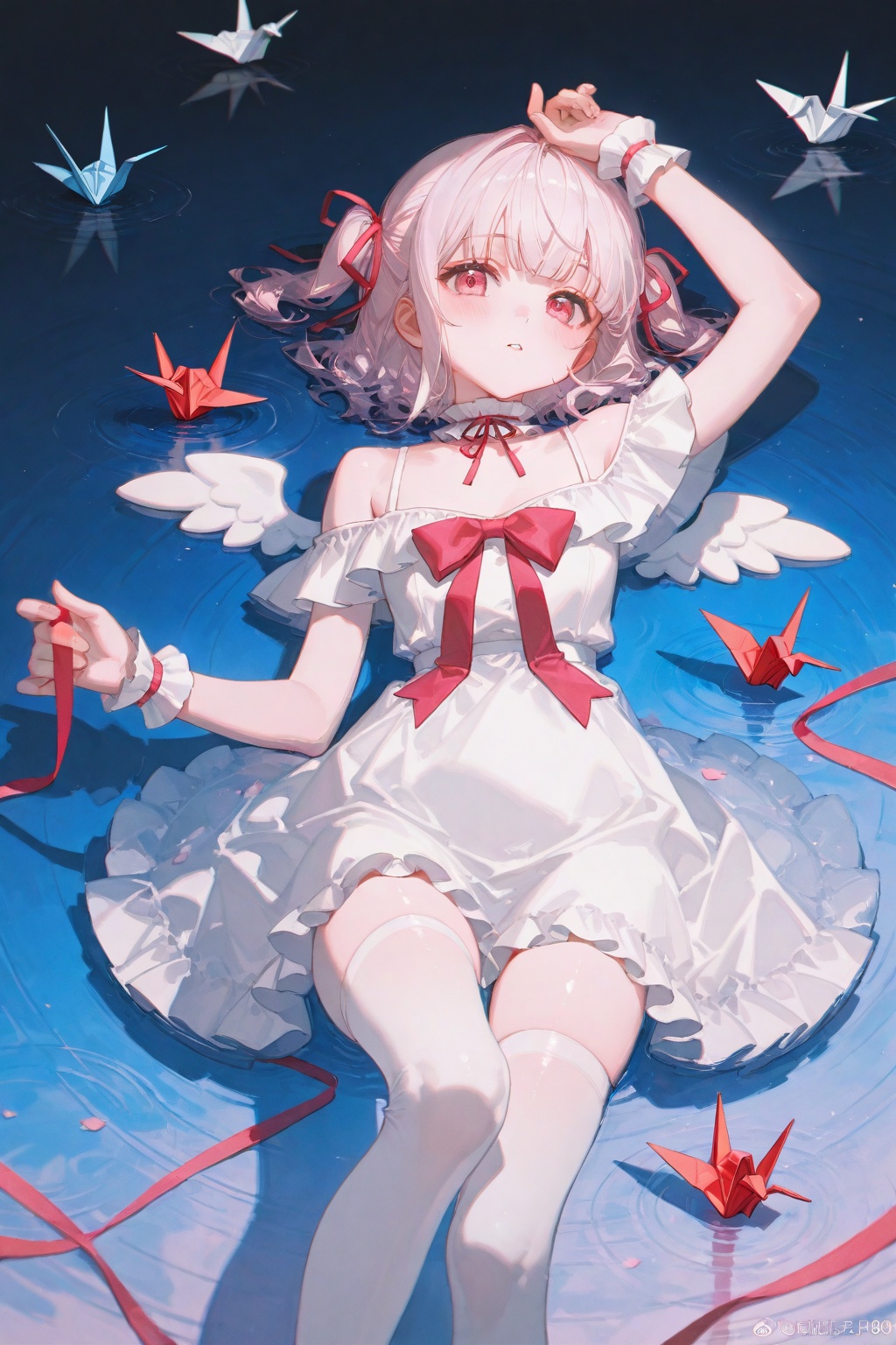 masterpiece,highres,absurdres,newest,best quality,high quality,chromatic_aberration,shiny_skin, //, 1girl, solo, dress, thighhighs, ribbon, white dress, off-shoulder dress, short hair, looking at viewer, on back, two side up, lying, virtual youtuber, lying on water, white hair, white thighhighs, wrist cuffs, water, wings, paper crane, frills, mini wings, frilled choker, hair ribbon, red eyes, bare shoulders, pink eyes, origami, holding ribbon, shallow water, pink hair, angel wings, choker, off shoulder, arm up, pink ribbon, blush, frilled dress, parted lips, ripples, red ribbon, reflective water, twitter username, feet out of frame //, (ciloranko:0.9),(wanke:0.5),(umehara_sei:1.2),(shiina_1001:0.8),(chiu538:0.7),(sakura_(39ra):0.6),(qizhu:0.88),(mikisai:0.5),kinako_(shiratama_mochi),