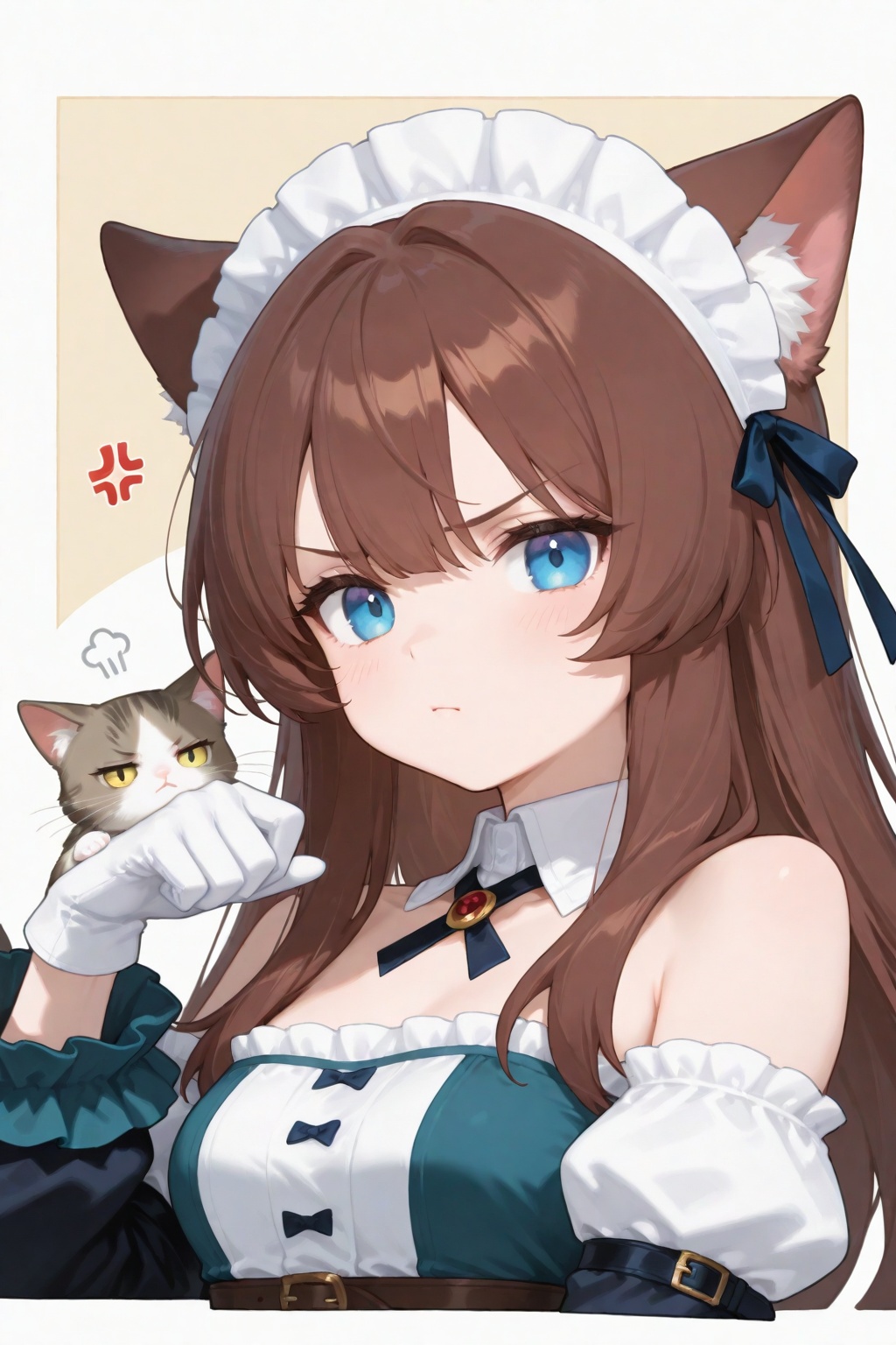 1girl, anger vein, animal, animal ears, animalization, annoyed, bare shoulders, blue eyes, brown hair, cat, cat ears, cat girl, closed mouth, cropped torso, detached collar, detached sleeves, gloves, hand up, headdress, kemonomimi mode, long hair, long sleeves, looking at viewer, person and animalization, solo, upper body, white gloves, white headdress