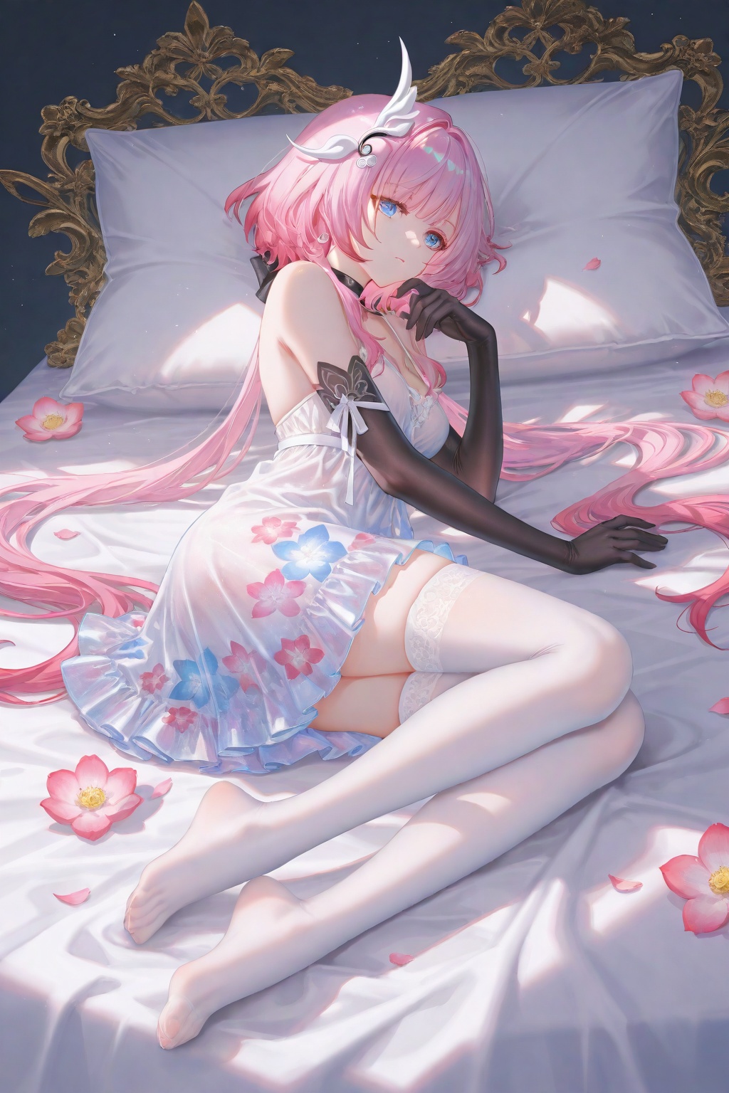 Simple Flat Coloring,honkai impact 3rd style,cyrene\(honkai:star rail\),8k,best quality,masterpiece,(ultra-detailed),(high detailed skin),((artist:reoen),(artist:fuzichoco),(artist:atdan),(artist:torino_aqua),year 2024:0.8),[artist:wlop],[artist:ningen_mame],artist:ciloranko,[[artist:rhasta]],artist:tidsean,colorful, Simple Flat Coloring,sketch,line,simple background,white background,Agm, cyrene\(honkai:star rail\),1girl,solo,pink short hair,white angular decoration between hair,blue eyes,reflection,white thighhighs,white dress,feet,elbow gloves,flower,bare shoulders,toes,no shoes,breasts,black gloves,very long hair,full body,hair ornament,on bed,(alternate_costume:1.6),sheer floral sundress,