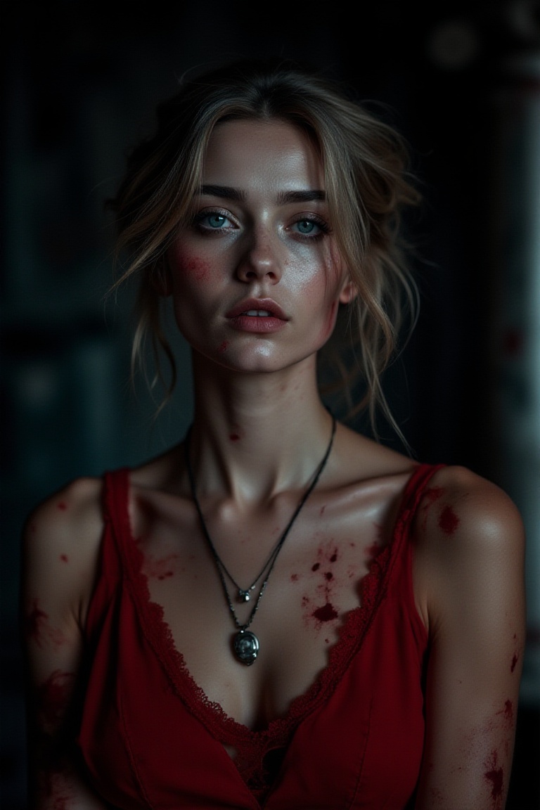 a woman with a pale complexion and blue eyes,  her hair is styled in a messy updo,  and she wears a red dress with a delic...
