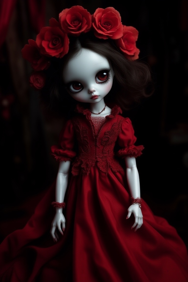 a humanoid figure with a pale complexion and large,  round eyes,  adorned with a red flower crown on its head. the figure...