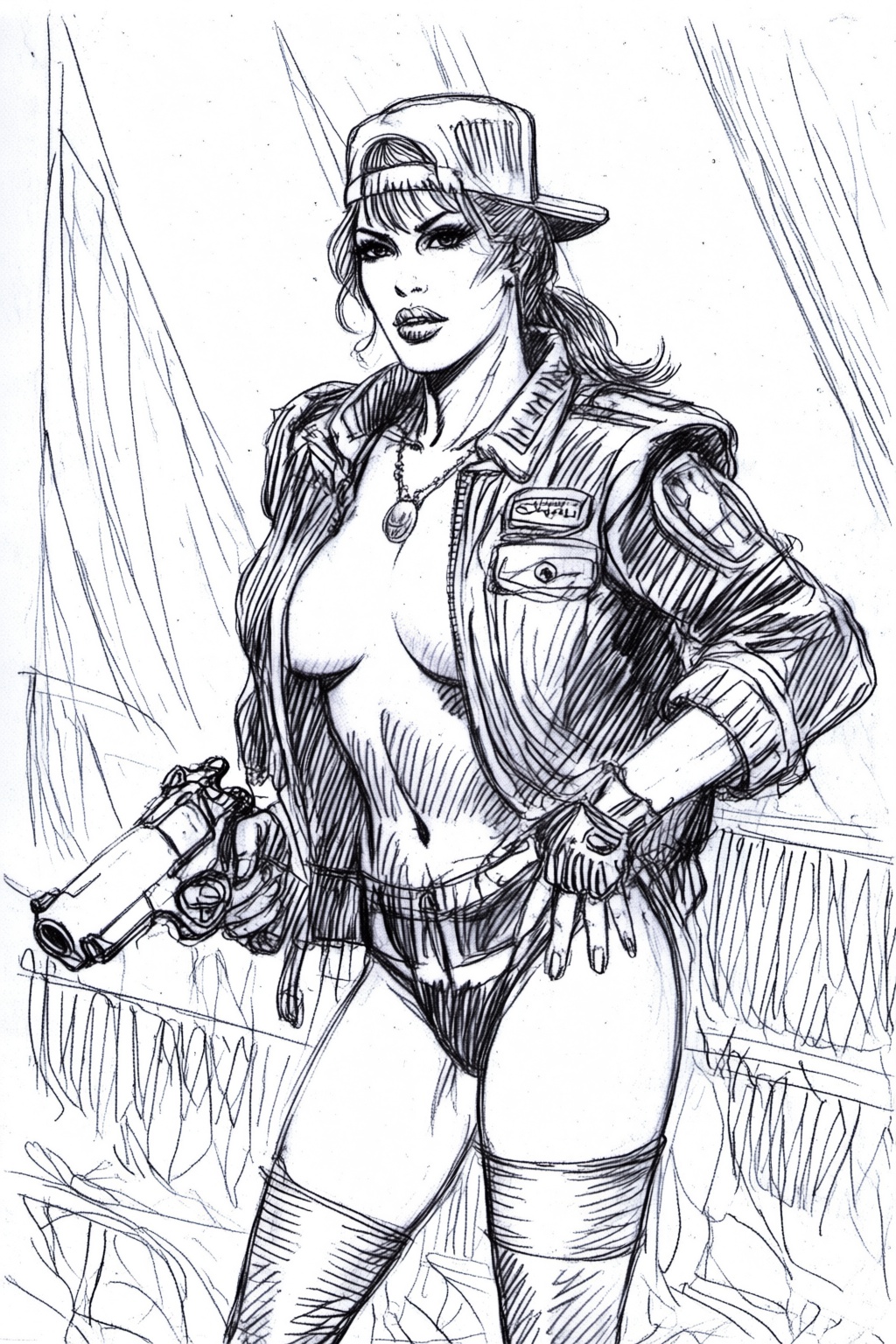 juanzanotto9q7 illustration. Black-and-white rough pencil sketch. A woman stands with a confident posture,  facing forward...