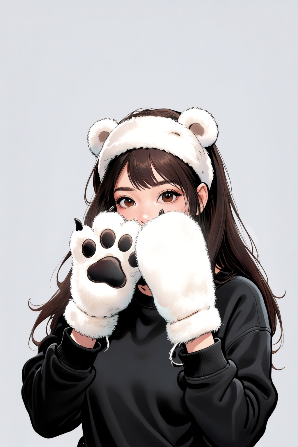 juanzanotto9q7 illustration. Young woman with long flowing dark brown hair and large brown eyes. She playfully hides the l...