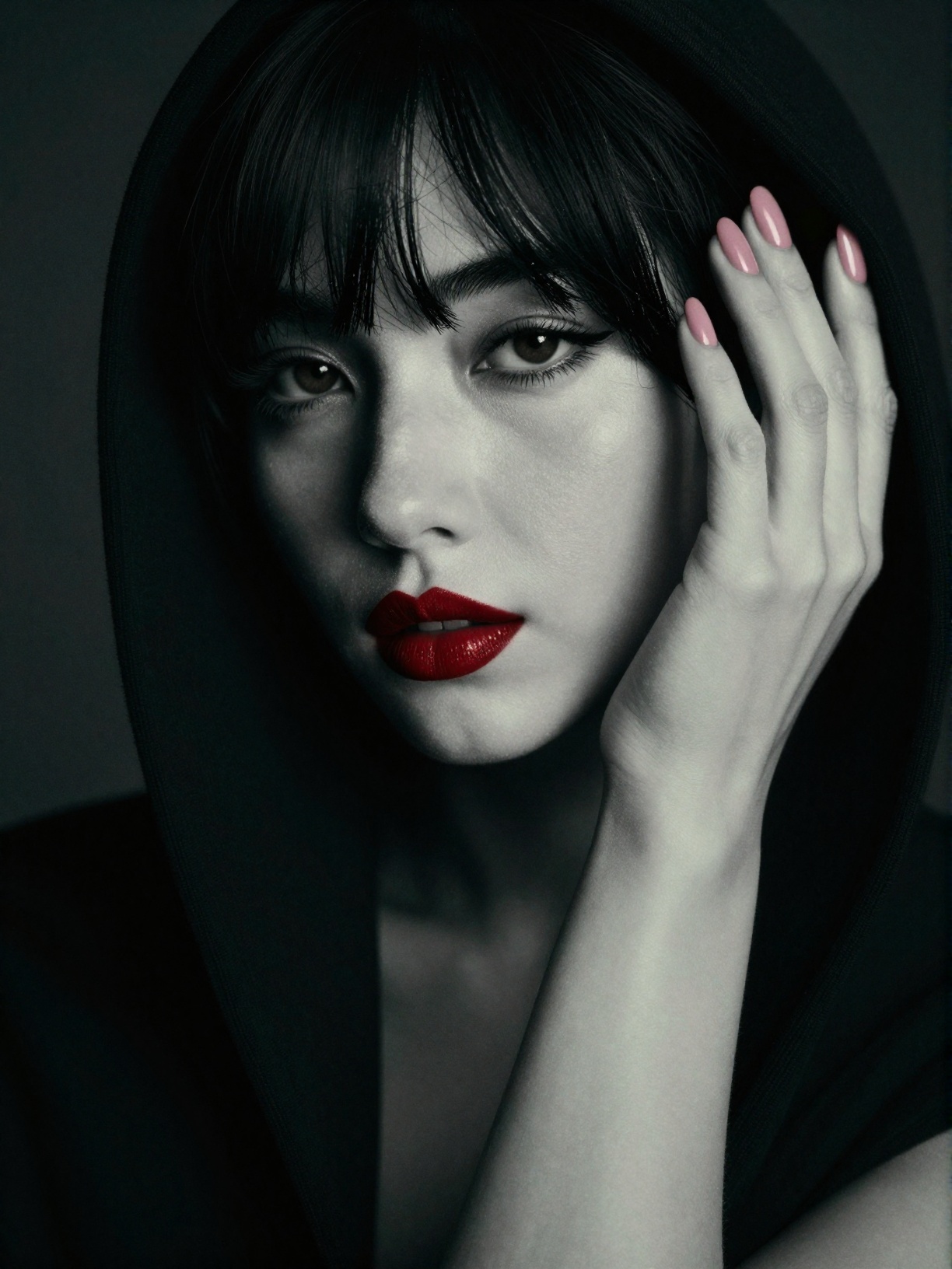 high-end 4K photography,  Fujifilm editorial look. a striking woman with soft porcelain skin and dark red lips,  wearing a...
