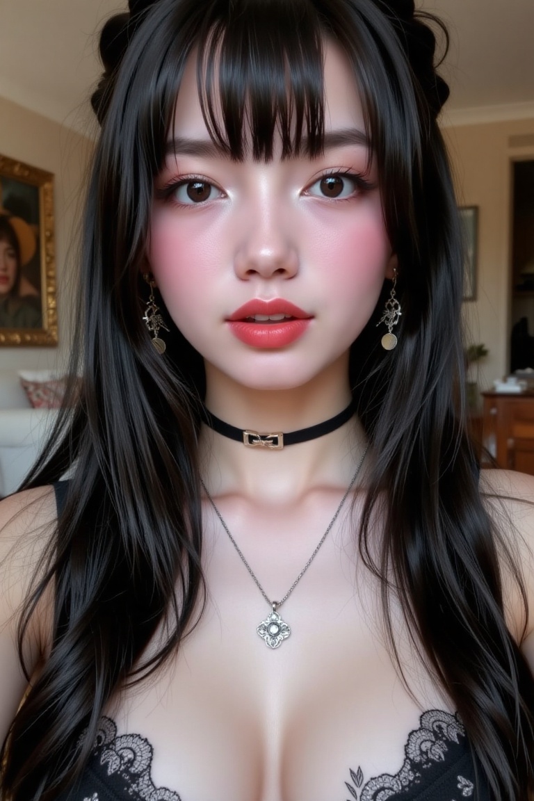 1girl solo looking at viewer black hair jewelry closed mouth earrings necklace black eyes lips cleavage realistic on Tenso...