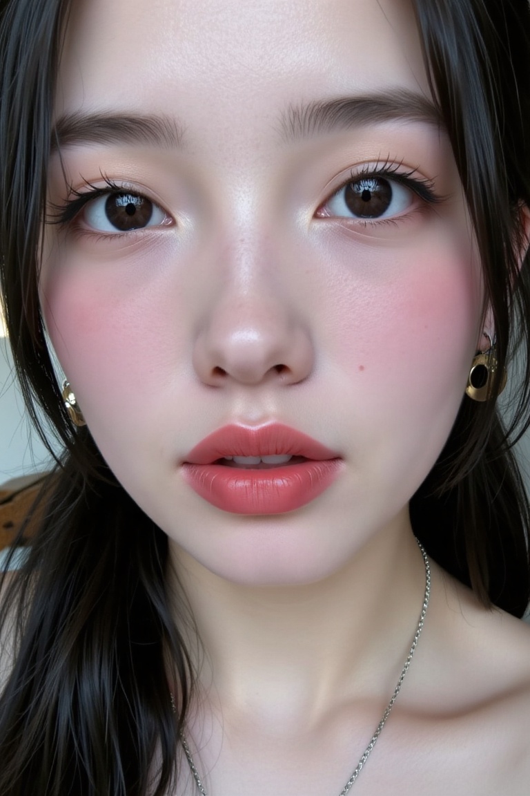 Create a realistic image of a 1girl solo looking at viewer black hair jewelry closed mouth earrings necklace black eyes li...