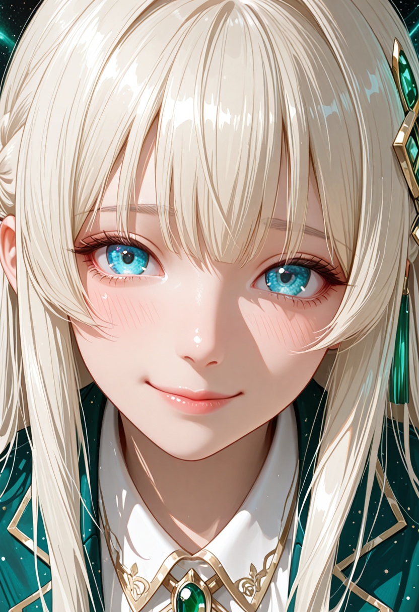 girl with long platinum blond hair in green blazer and white blouse,  azure eyes,  shy smile by Bilered on Tensor.Art