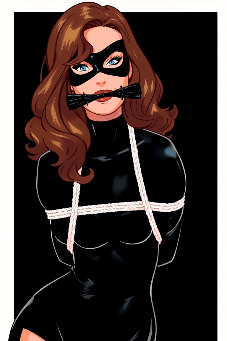 Comic panel: A woman with shoulder-length,  wavy brown hair dressed in a form-fitting,  black bodysuit and wears a black d...