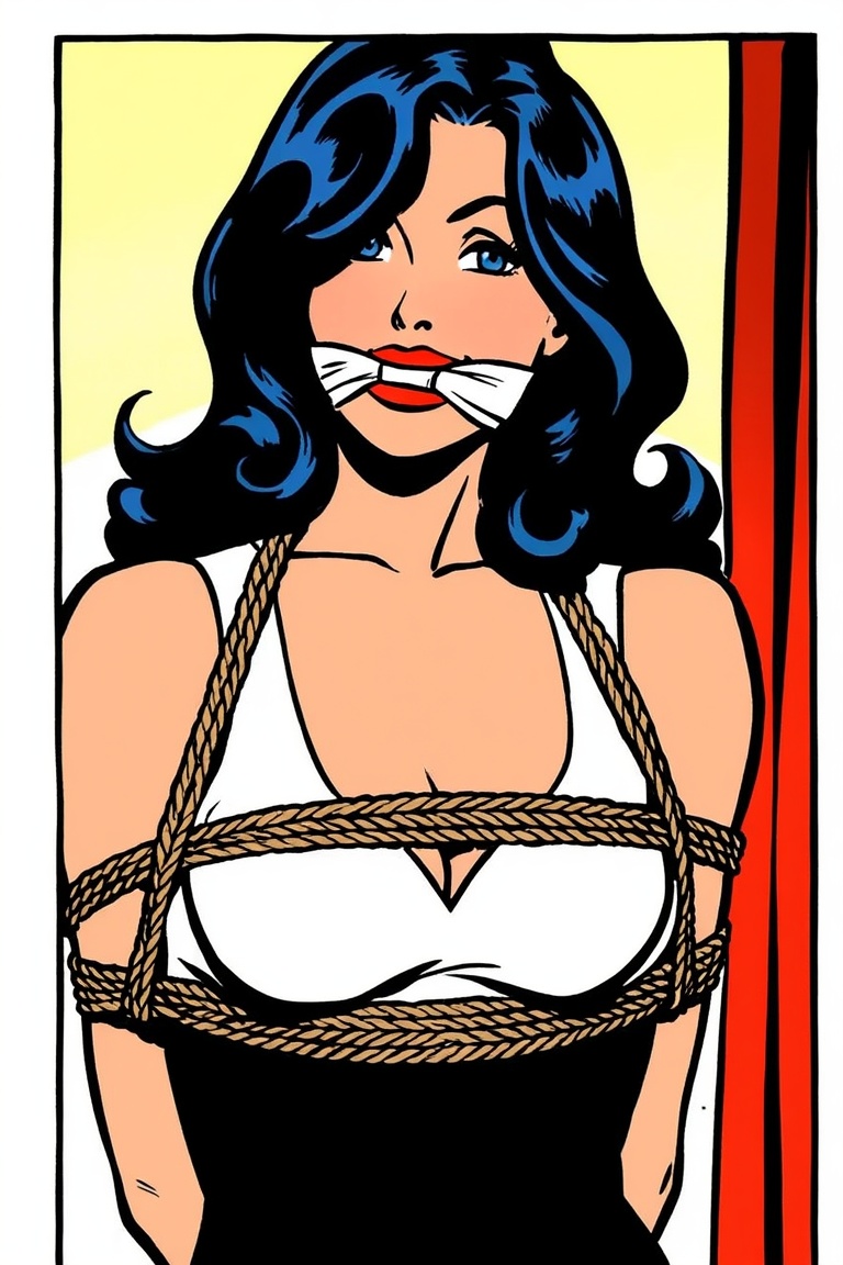Comic panel: A beautiful woman with a white cleave gag secured through her mouth is casually dressed with a dress. Her tor...