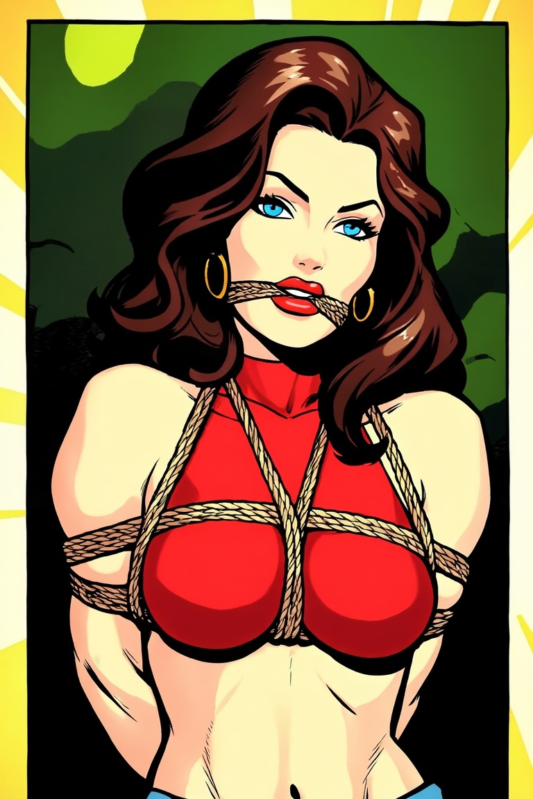 Comic panel: A casually dressed beautiful woman with a cleave gag secured through her mouth. Her torso and arms are extens...
