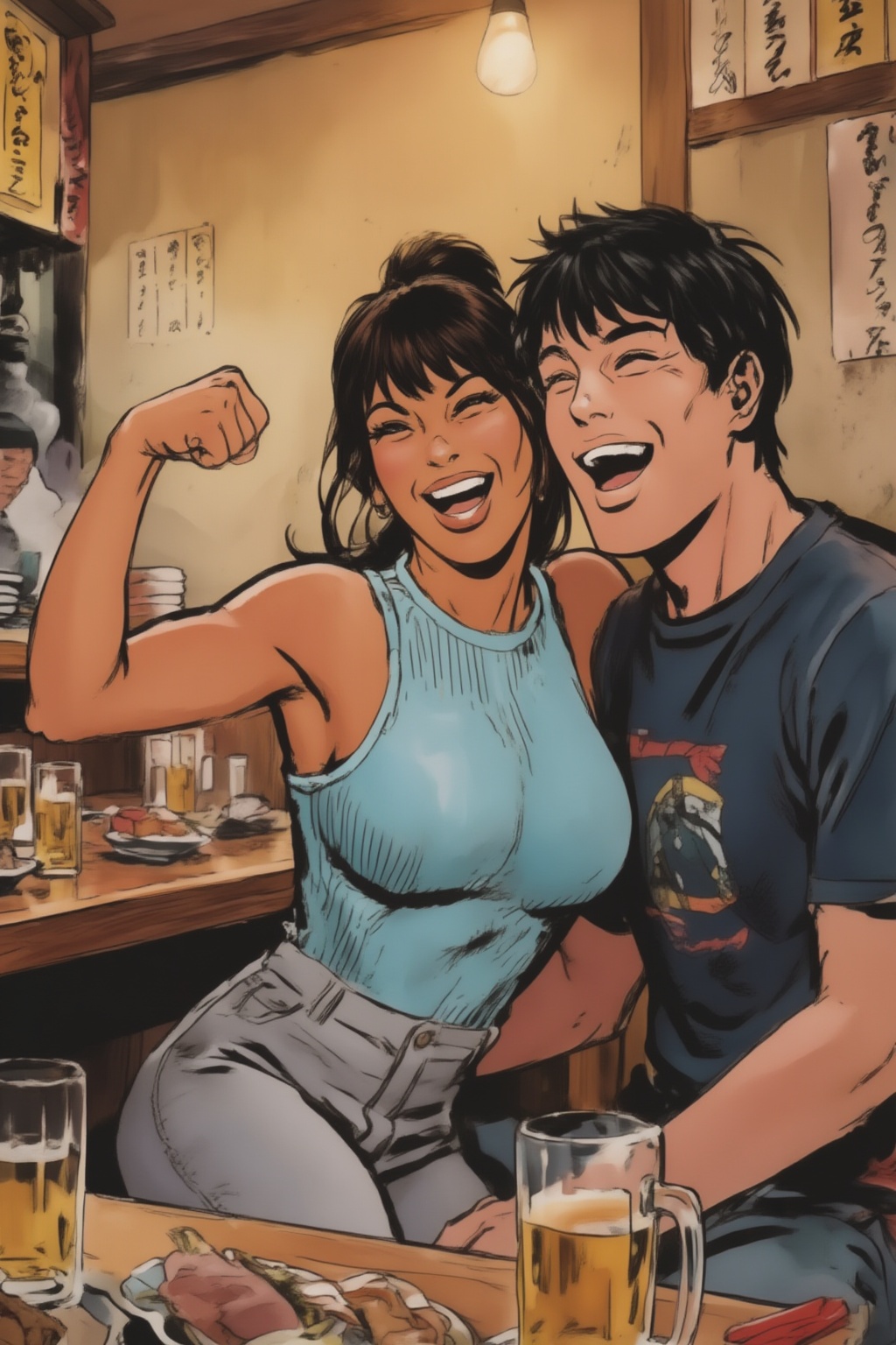 juanzanotto10z9 illustration. Young \couple laughs exuberantly at a lively izakaya. On the left is the woman,  with a tan...