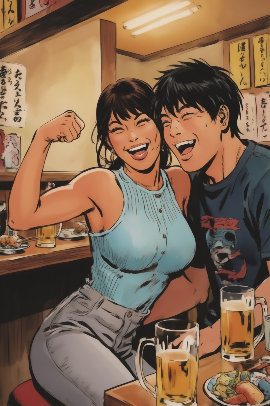 juanzanotto10z9 illustration. Young Japanese couple laughs exuberantly at a lively izakaya. On the left is the woman,  wit...