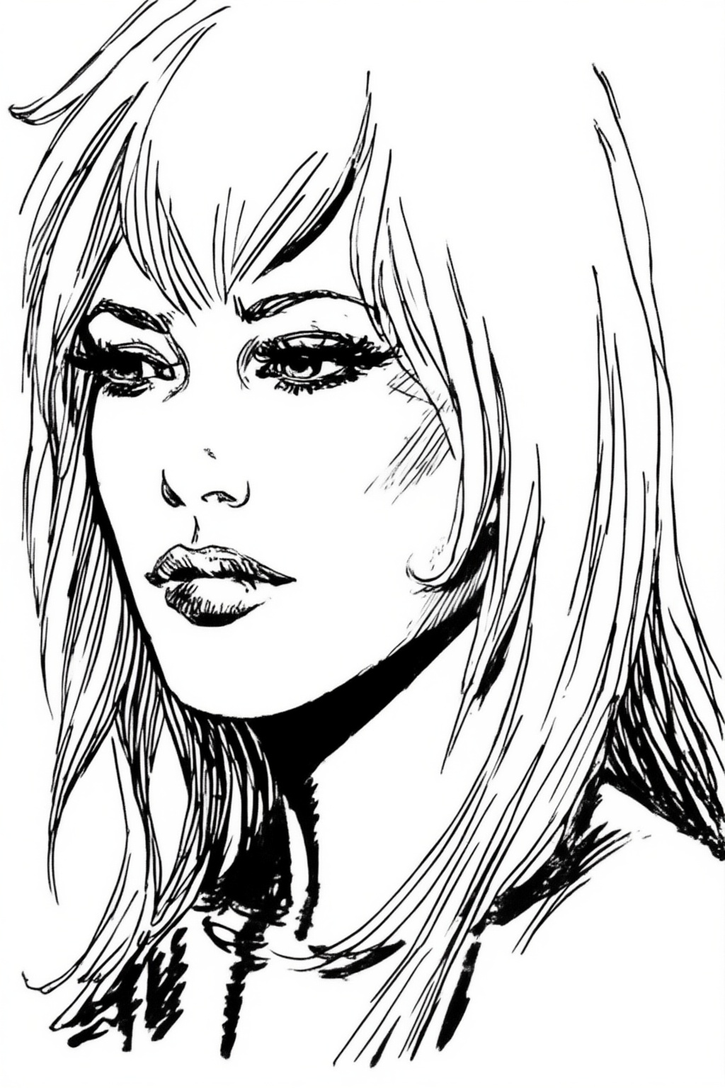 juanzanotto10z9 illustration. Black-and-white close-up of a woman shown in 3/4 view,  with a pensive expression looking of...