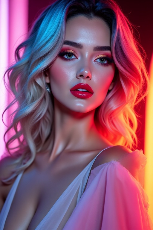 Ethereal beauty photoshoot of a glamorous young woman with bold and vibrant makeup,  shimmering eyeshadow in bright neon c...
