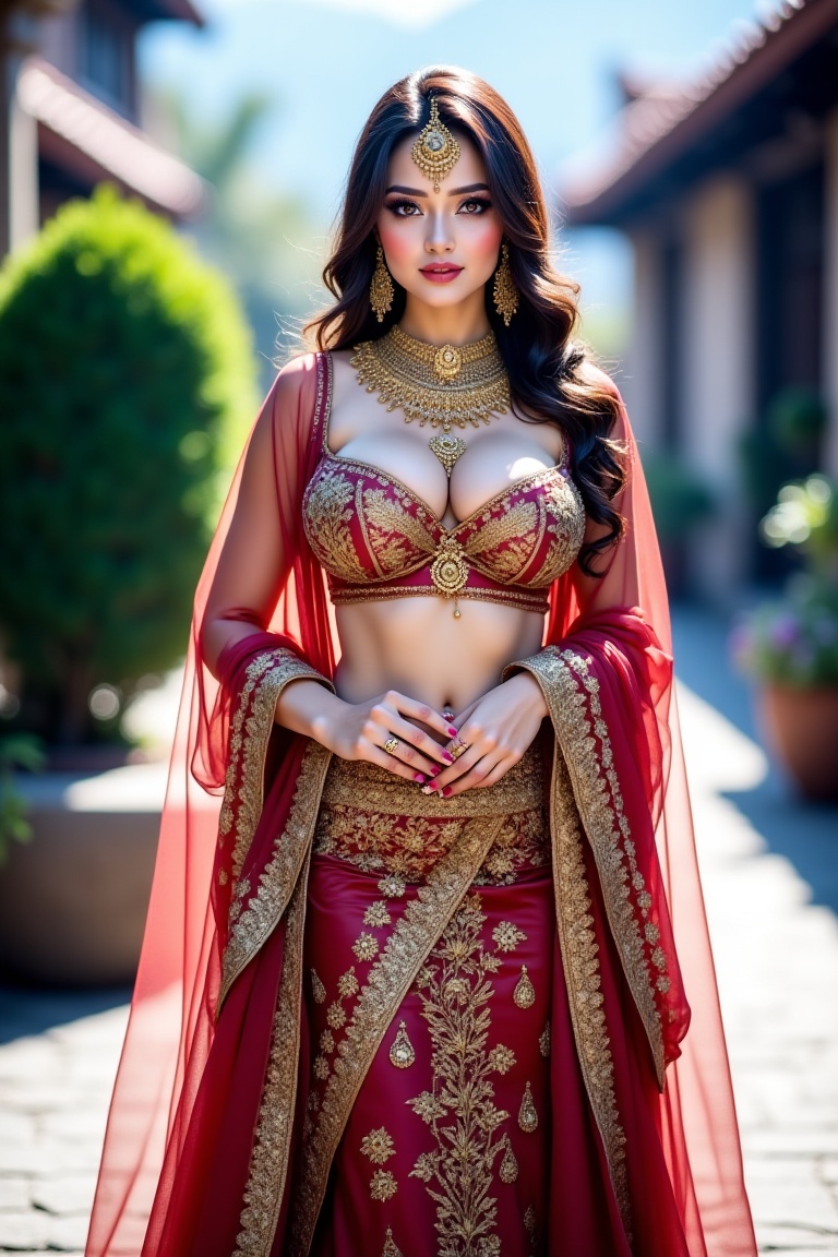 The image depicts a woman dressed in an elaborate traditional outfit,  featuring intricate gold embroidery and jewelry. Sh...