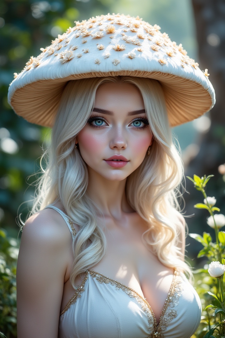 delicate albino mushroom girl,  crystal mushroom Head,  Beautiful blue eyes on Tensor.Art
