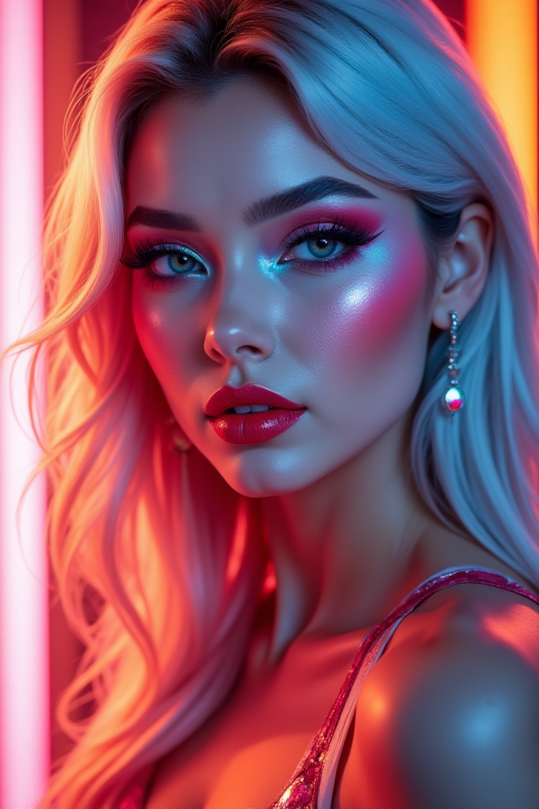 Ethereal beauty photoshoot of a glamorous young woman with bold and vibrant makeup,  shimmering eyeshadow in bright neon c...