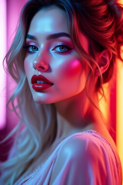 Ethereal beauty photoshoot of a glamorous young woman with bold and vibrant makeup,  shimmering eyeshadow in bright neon c...