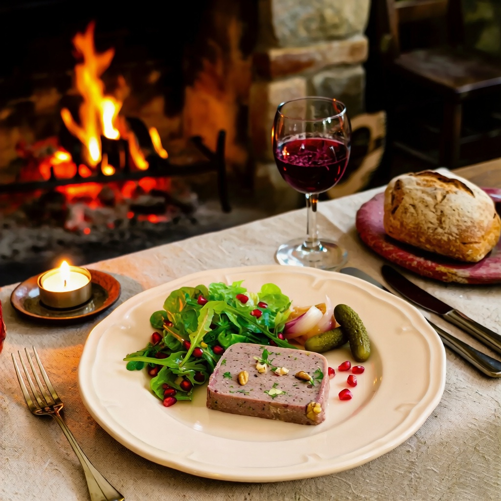 A cozy French countryside dinner table near a rustic fireplace featuring a plated slice of Terrine with herbs and nuts,  s...