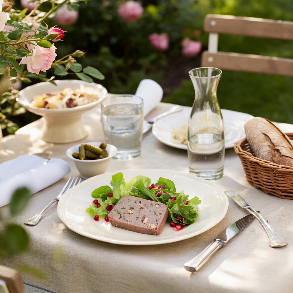 An elegant outdoor French garden lunch table featuring a plated slice of Terrine with visible nuts and herbs,  glossy text...